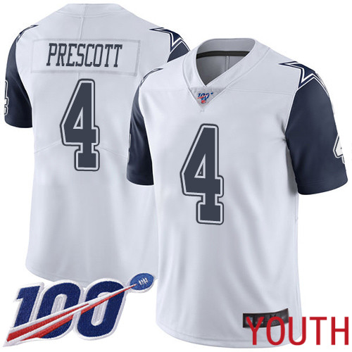 Youth Dallas Cowboys Limited White Dak Prescott #4 100th Season Rush Vapor Untouchable NFL Jersey